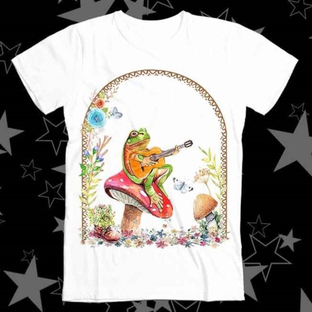 Whimsical Frog Playing Guitar T-Shirt – Cute Cottagecore Mushroom Graphic Tee
